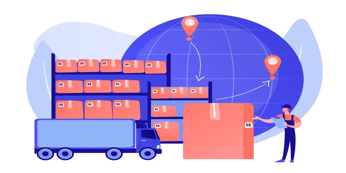 Illustration einer globalen Lagerlogistik mit LKW, Hochregallager und Versandrouten auf einem Globus &ndash; Darstellung weltweiter Lieferketten.