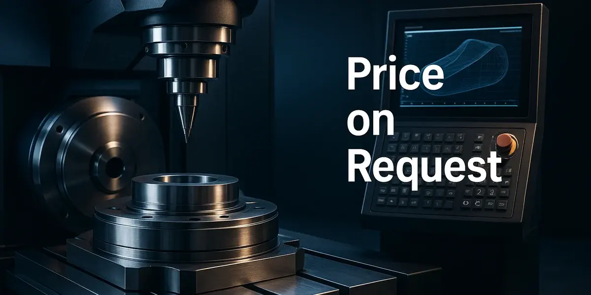 Nahaufnahme einer CNC-Fräsmaschine mit Bildschirmanzeige und dem Text „Price on Request“.