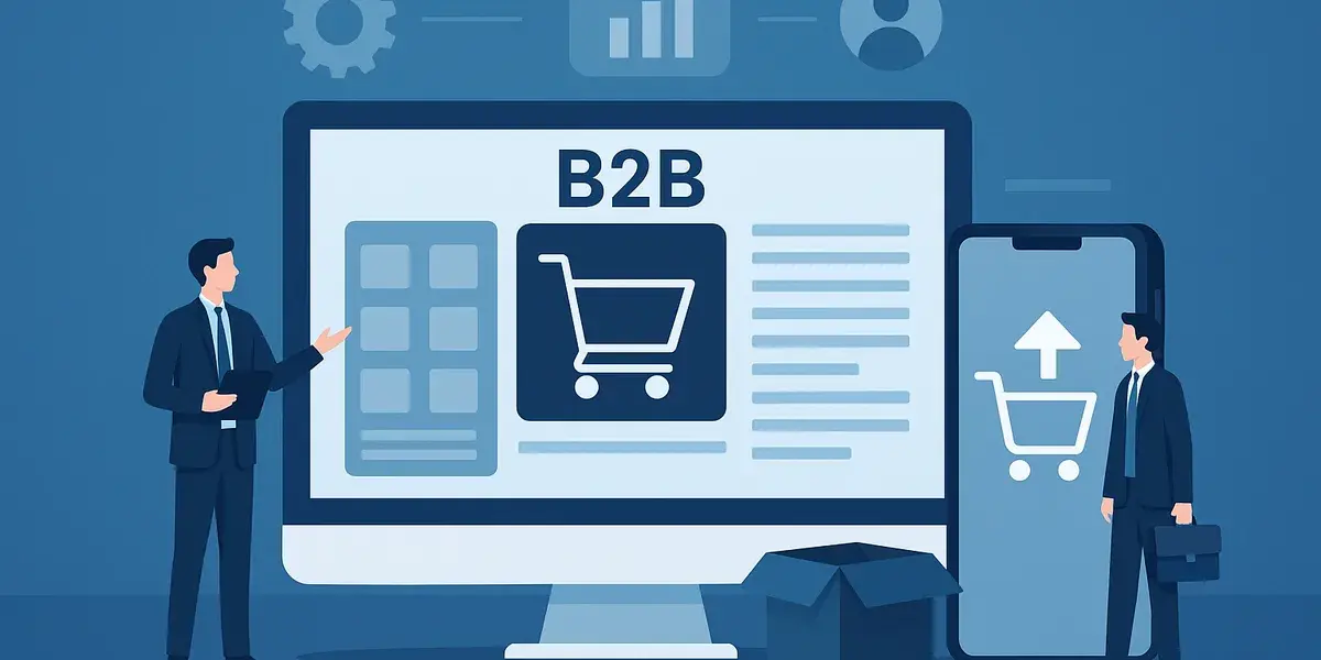 B2B-E-Commerce-Illustration mit großem Monitor und Smartphone-Shop, zwei Geschäftsleute stehen daneben vor blauem Hintergrund.