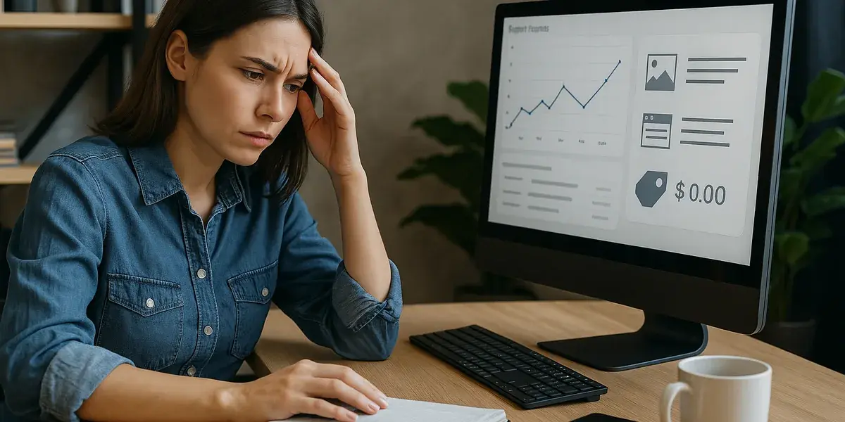 Gestresste Frau sitzt am Schreibtisch vor einem Monitor mit Dashboard und Fehlanzeigen, wirkt nachdenklich und überfordert.