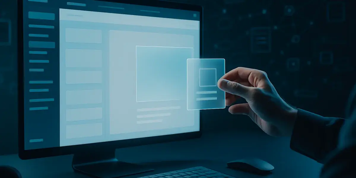 Hand hält eine transparente UI-Karte vor einem Monitor mit Shop-/Dashboard-Interface in dunkler, blau beleuchteter Tech-Szene.