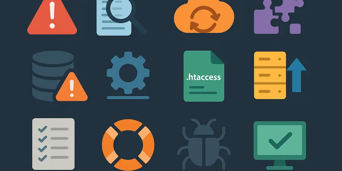 Bunte Set-Illustration mit Icons zu Fehlern, Cloud-Sync, Datenbank, .htaccess, Support und System-Checks auf dunklem Hintergrund.