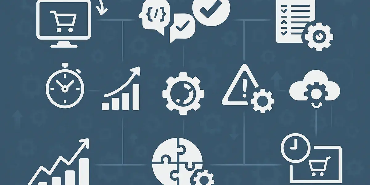 „Blaues Infografik-Layout mit E-Commerce-, Analyse-, Support-, Warn- und Einstellungen-Icons, verbunden durch Linien auf technischem Hintergrund.“