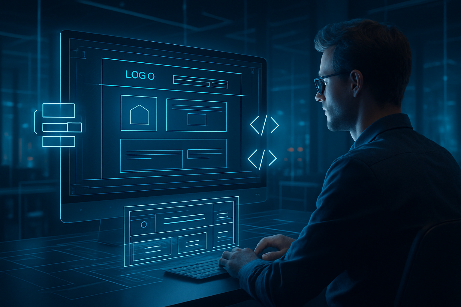 Mann arbeitet an einem Computer mit digitaler Benutzeroberfläche, die Website-Design und Programmierung in blauer Neonoptik zeigt