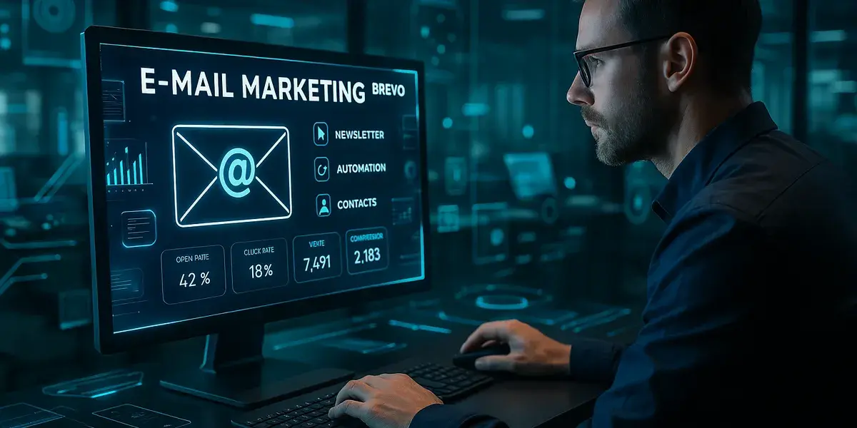 Mann am Computerbildschirm mit Datenanalyse und E-Mail-Marketing-Dashboard in futuristischer Umgebung.