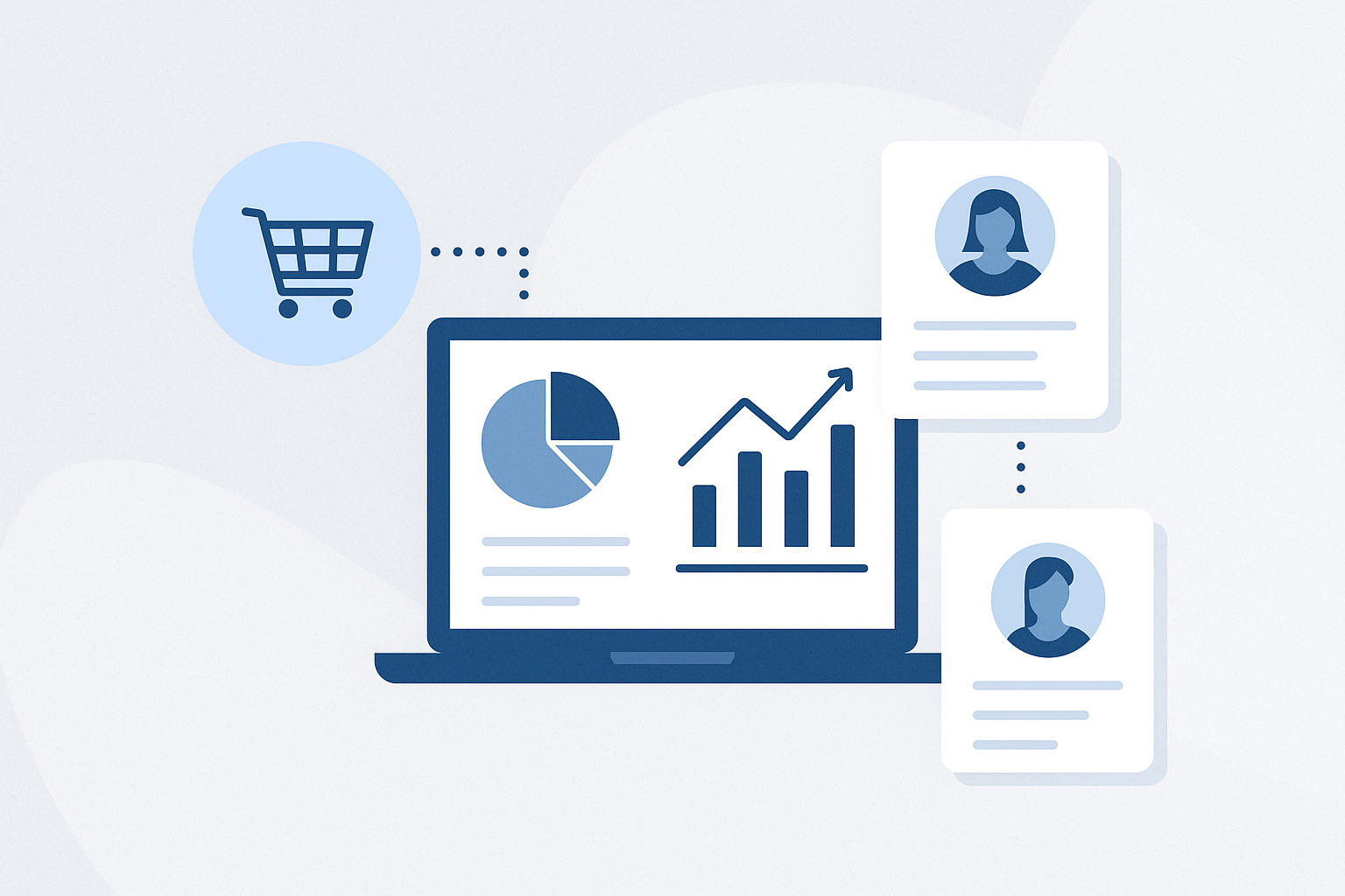 Grafik eines Laptops mit Diagrammen, verbunden mit einem Einkaufswagen-Icon und Nutzerprofilkarten &ndash; Darstellung von E-Commerce- und Datenanalyseprozessen.