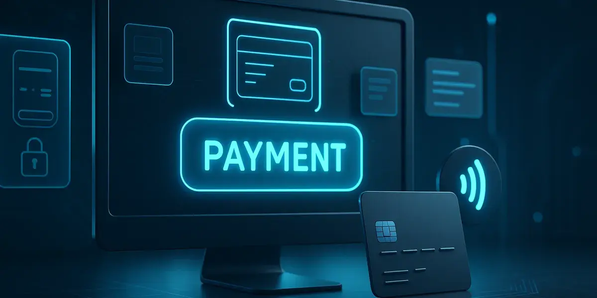 Futuristische Darstellung einer Online-Zahlung mit Kreditkarte und Bildschirm mit der Aufschrift „Payment“.