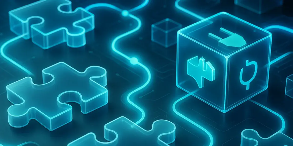Symbolische Darstellung digitaler Systemintegration mit leuchtenden Puzzle-Elementen und API-Verbindungen.
