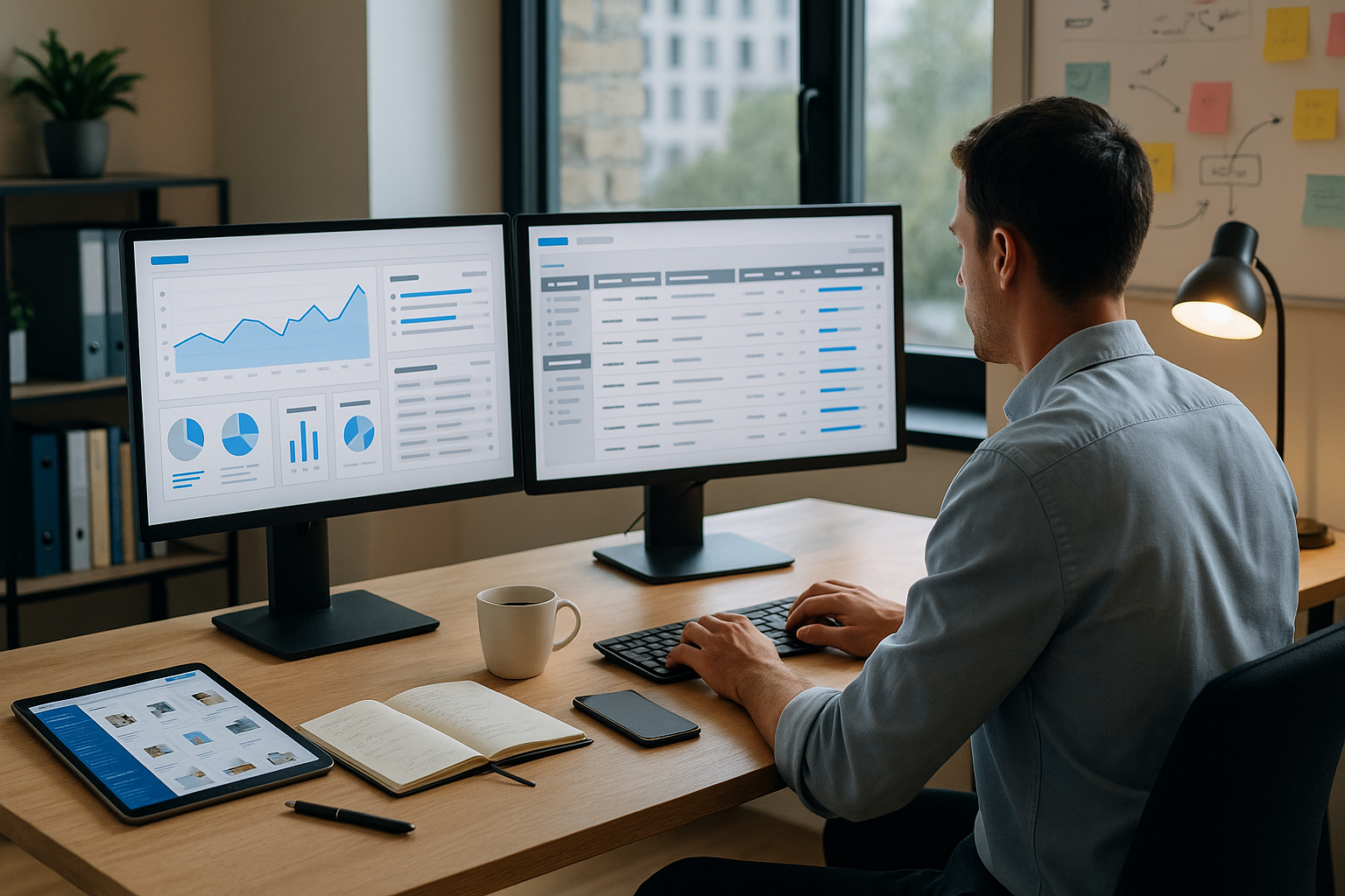 Mitarbeiter analysiert SEO- und Performance-Daten mit Diagrammen und Tabellen auf zwei Monitoren an einem Schreibtisch