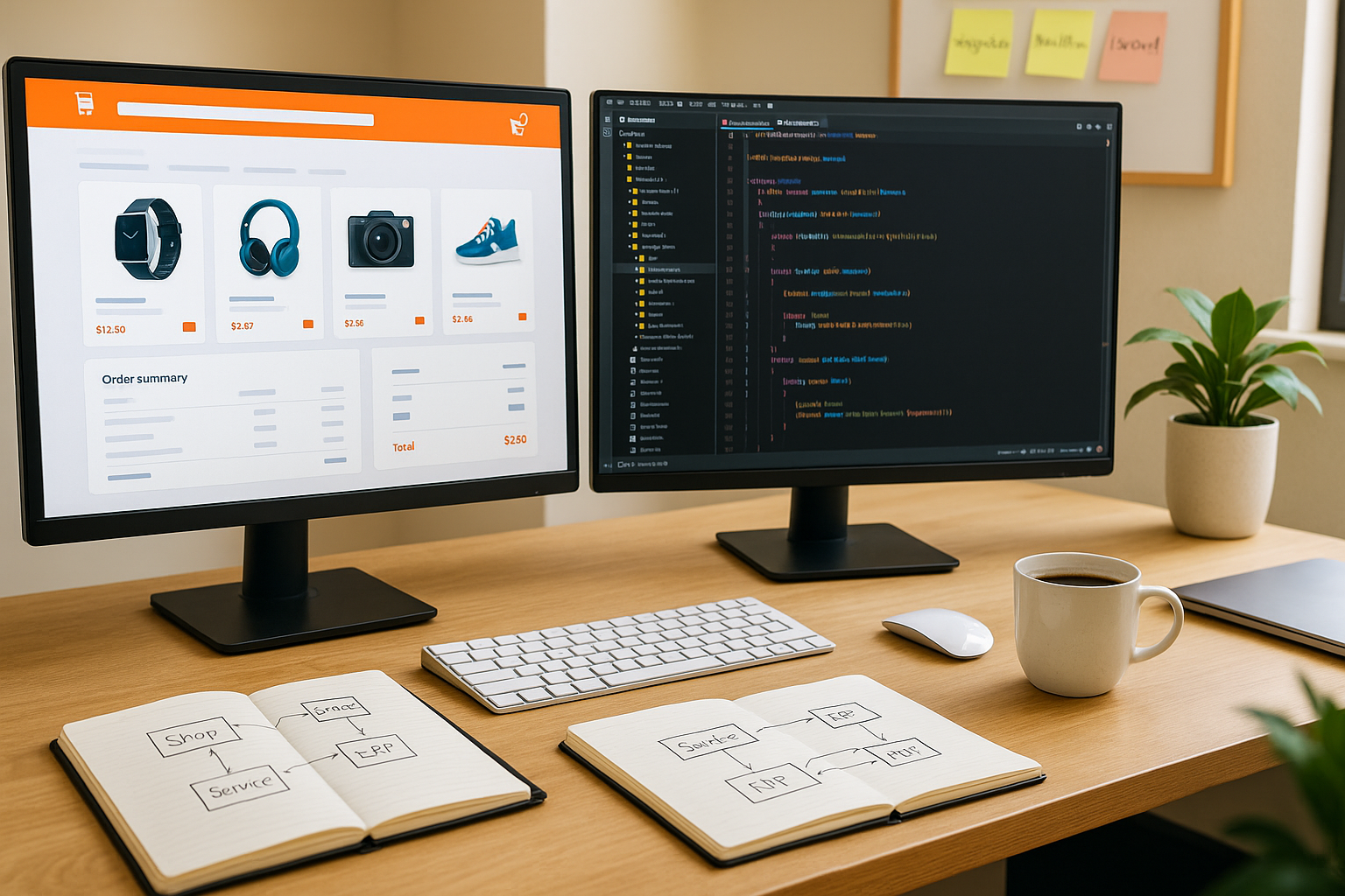 Zwei Monitore mit Online-Shop-Frontend und Programmiercode zur technischen Optimierung von E-Commerce-System und Schnittstellenanbindung.