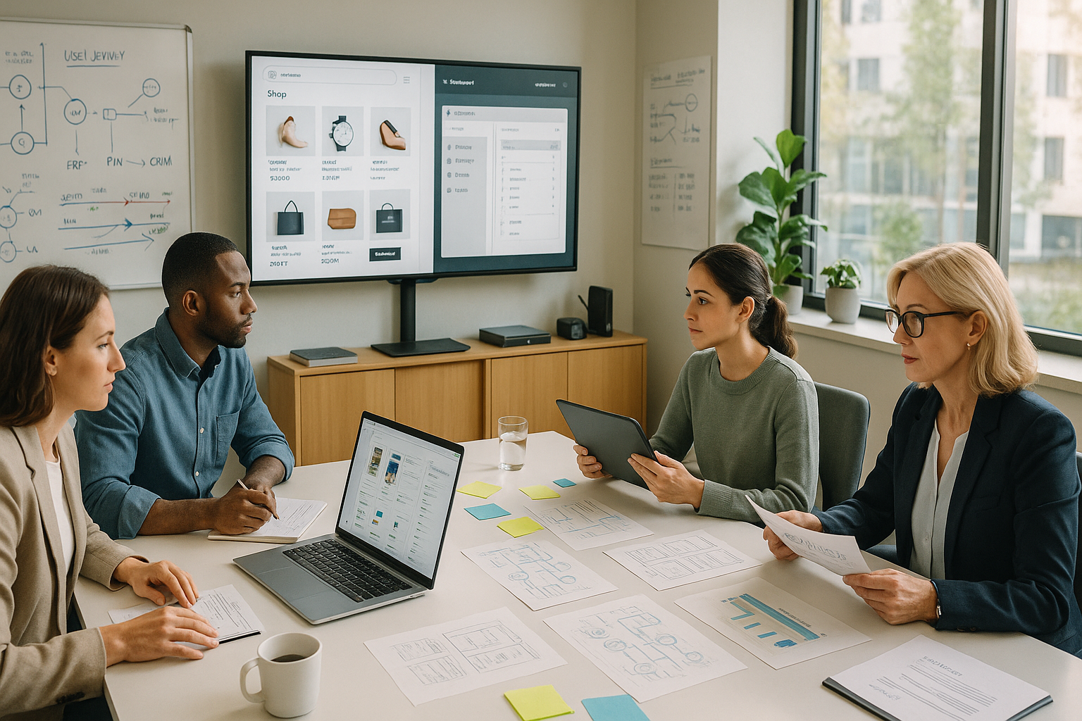 Marketing- und E-Commerce-Team plant Shop-Struktur, Schnittstellen und User Journey anhand von Wireframes, Produktübersicht und Analyse-Dashboard.