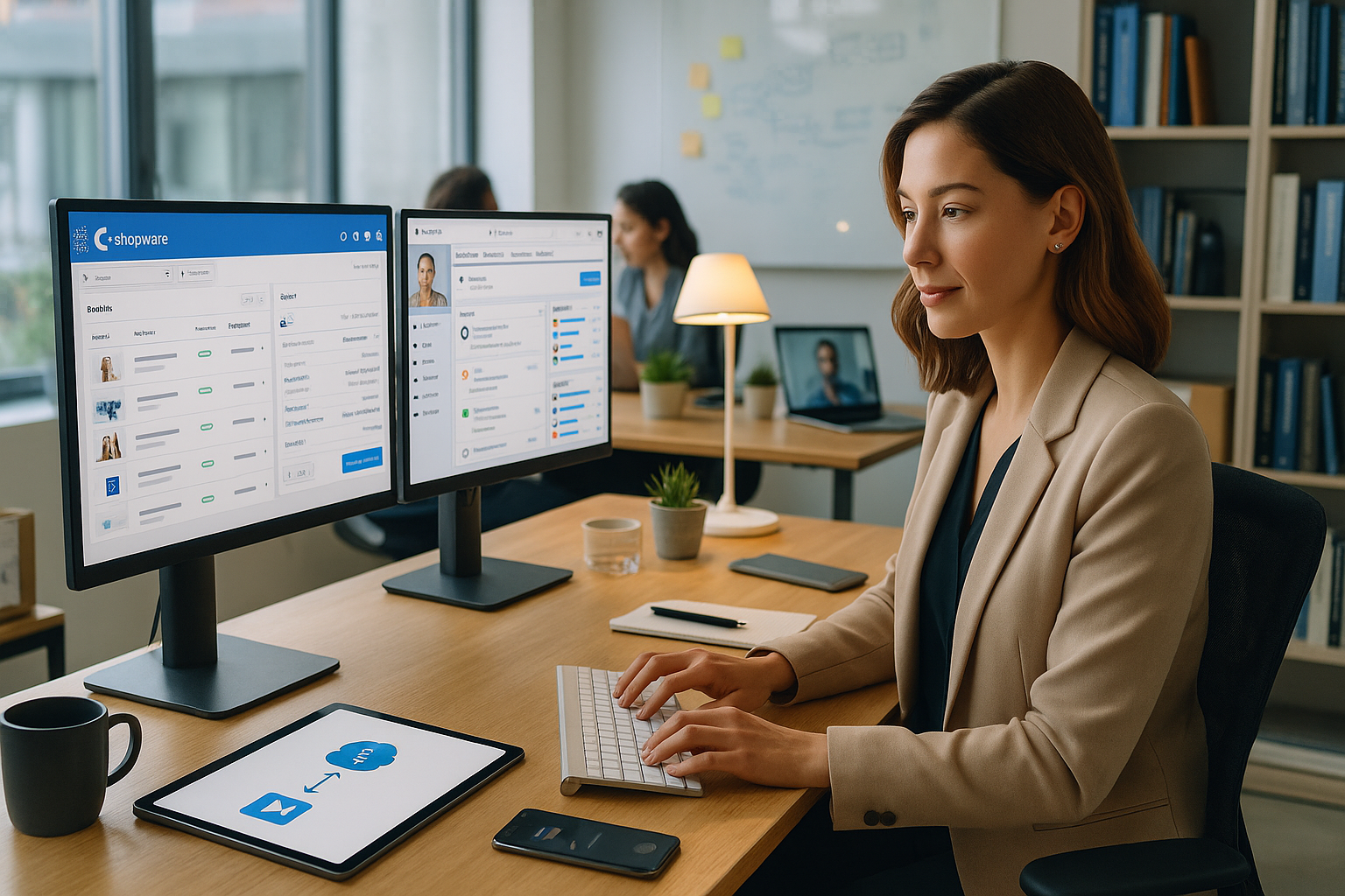 Mitarbeiterin präsentiert Shopware-Dashboard mit CRM- und Bestellstatus-Daten auf einem großen Bildschirm im Agenturbüro