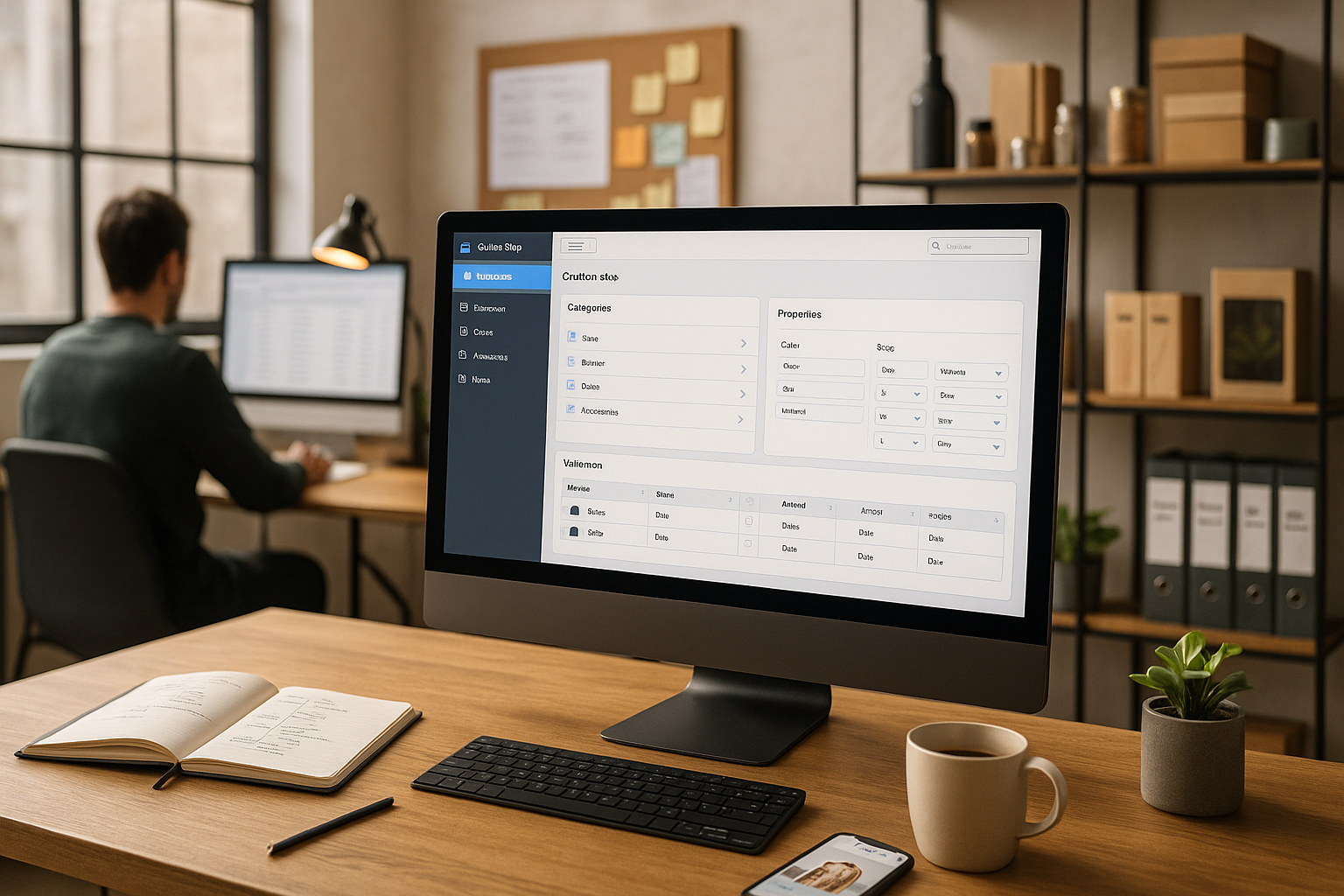 Desktop-Monitor mit Backend-Oberfläche zur Verwaltung von Kategorien und Produkteigenschaften in einem E-Commerce-System