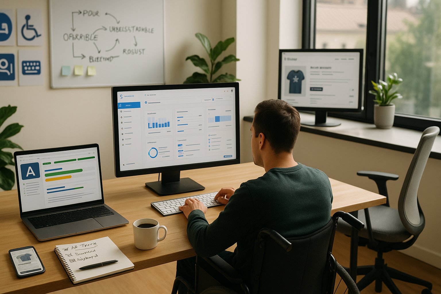 Mitarbeiter analysiert SEO- und Marketing-Daten an mehreren Bildschirmen in einem modernen Büroarbeitsplatz