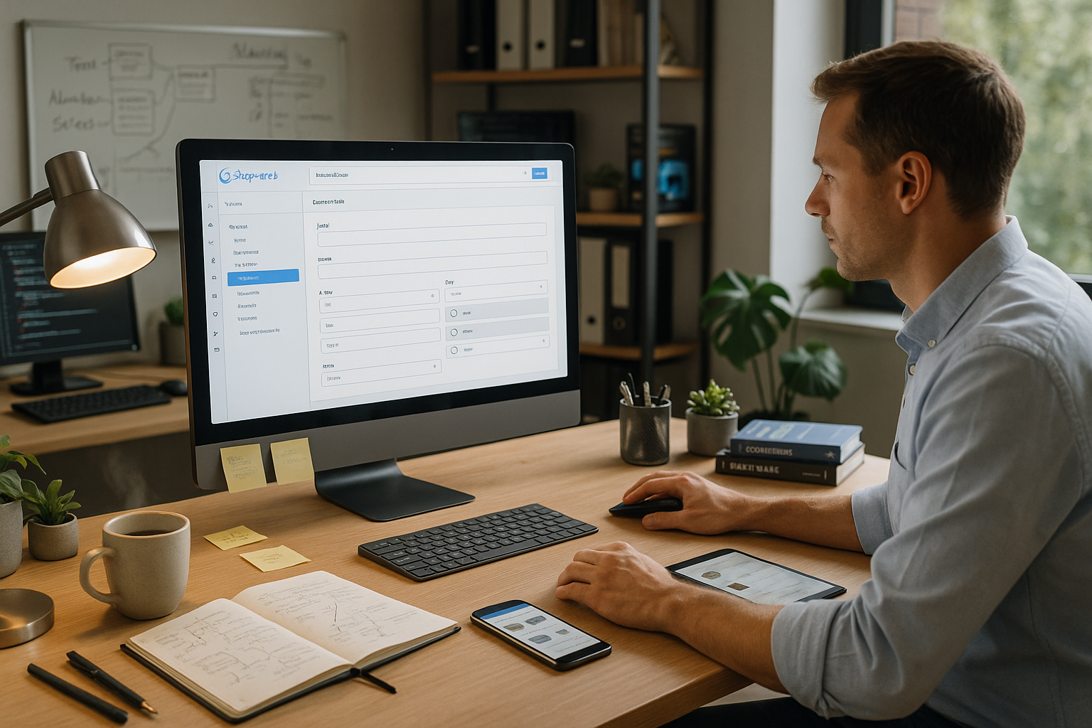 Mitarbeiter konfiguriert ein Shopware-Backend am Desktop; auf dem Schreibtisch liegen Notizbuch, Smartphone, Tablet und Kaffee.