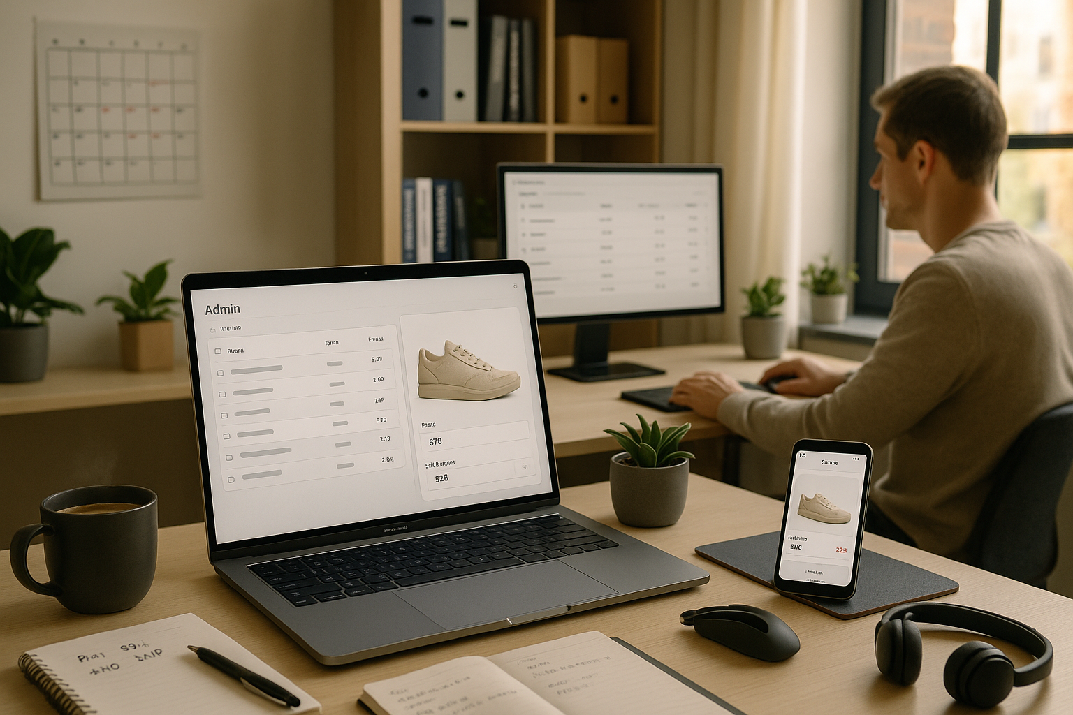 E-Commerce-Admin-Arbeitsplatz mit Laptop und Smartphone: Produktverwaltung und Preisübersicht im Backend, im Hintergrund arbeitet ein weiterer Mitarbeiter am Desktop.