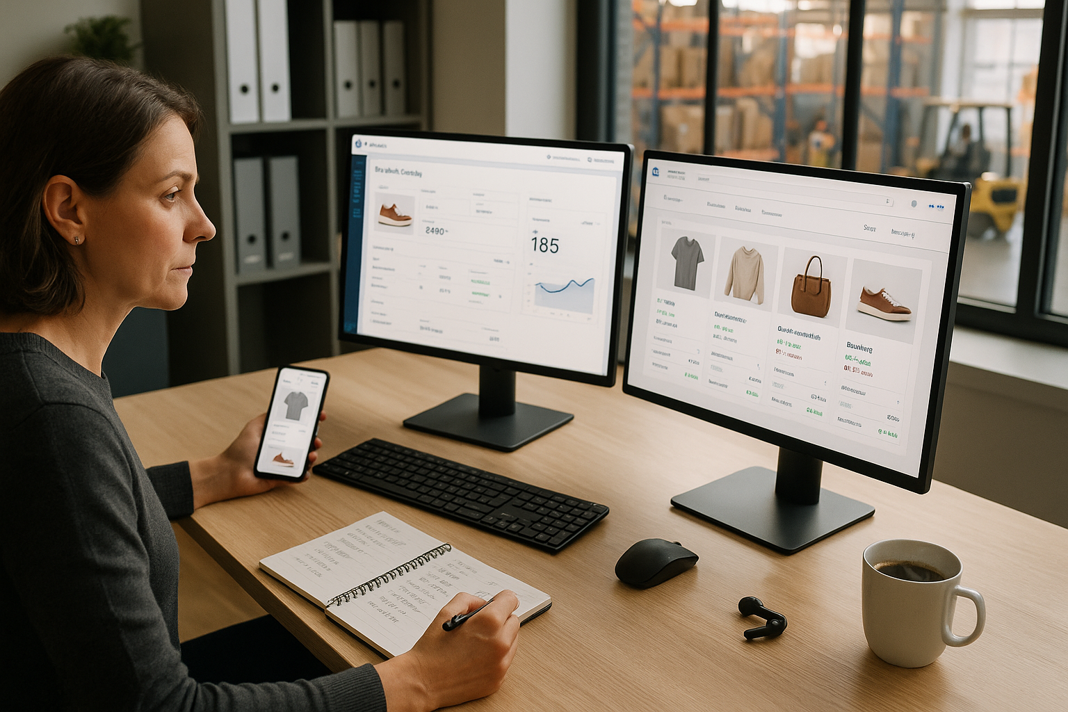 Mitarbeiter prüft Lagerbestände und Lieferstatus auf einem Tablet in einem modernen Logistiklager mit Regalsystemen