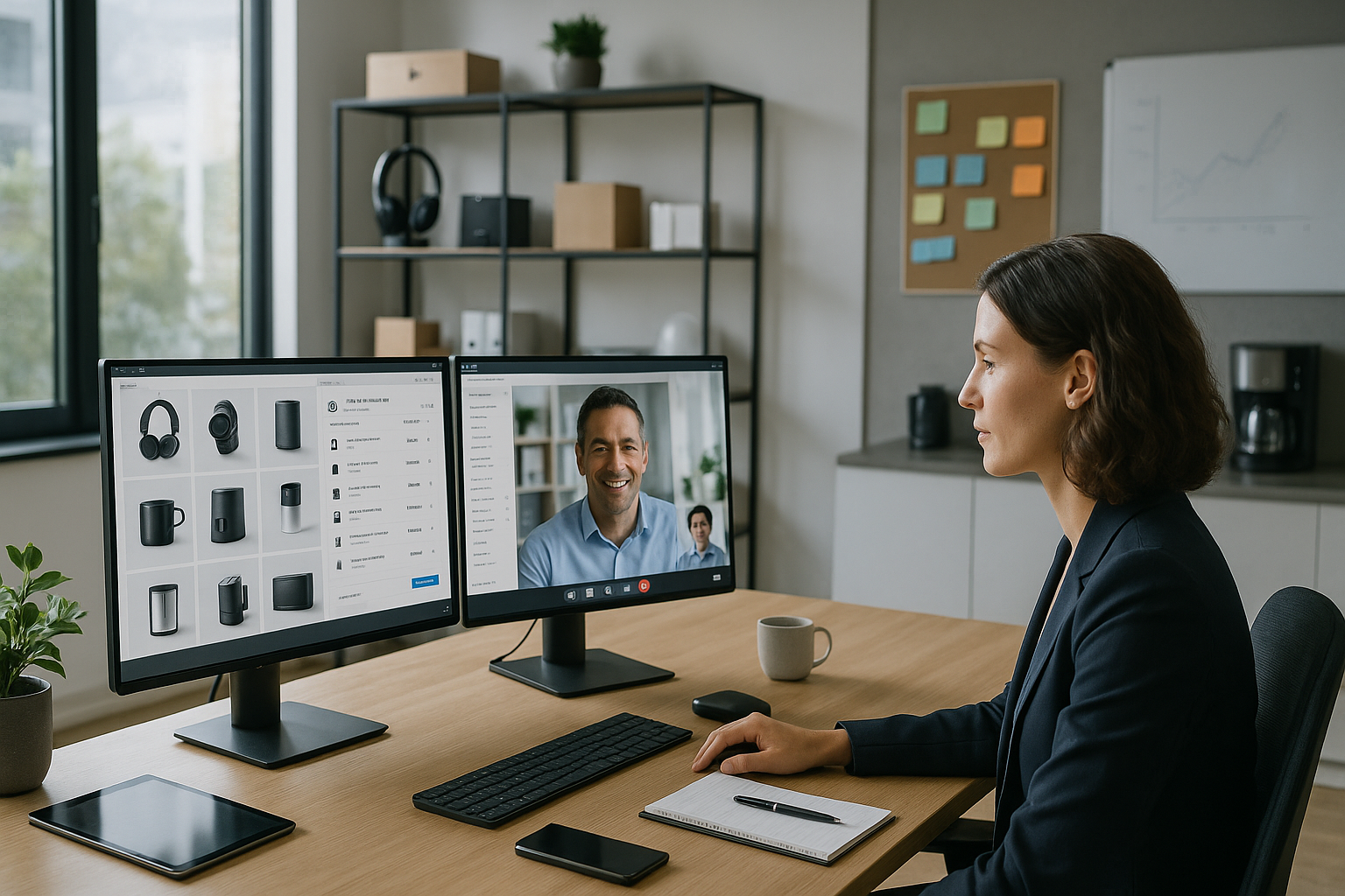 Mitarbeiterin führt einen Video-Call am Dual-Monitor-Setup; links Produktübersicht im Shop-Backend, rechts Gesprächspartner im Videofenster.