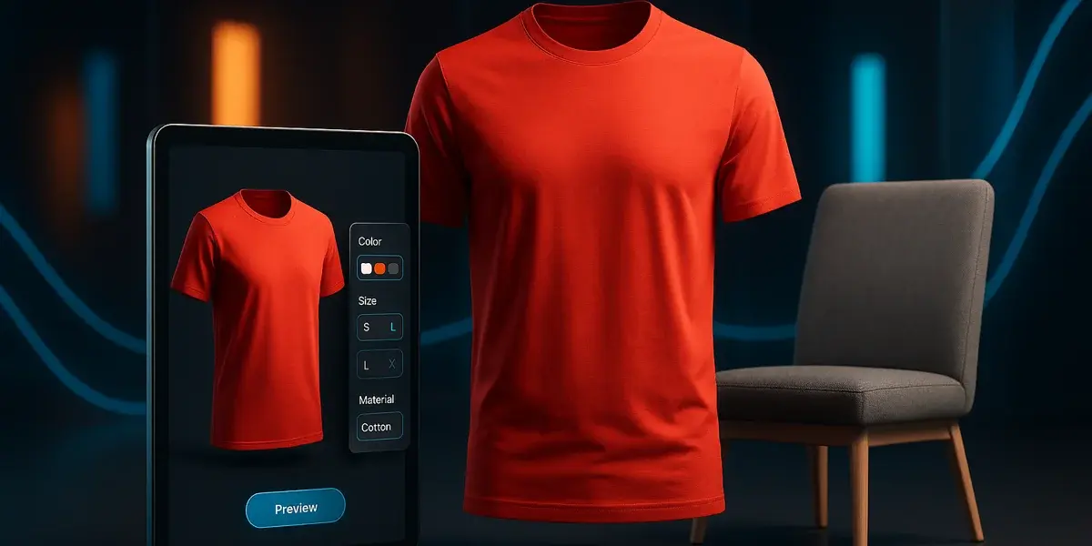 Rotes T-Shirt auf schwarzem Hintergrund, daneben Tablet mit digitaler Produktvorschau und Auswahlmenü für Farbe, Größe und Material.