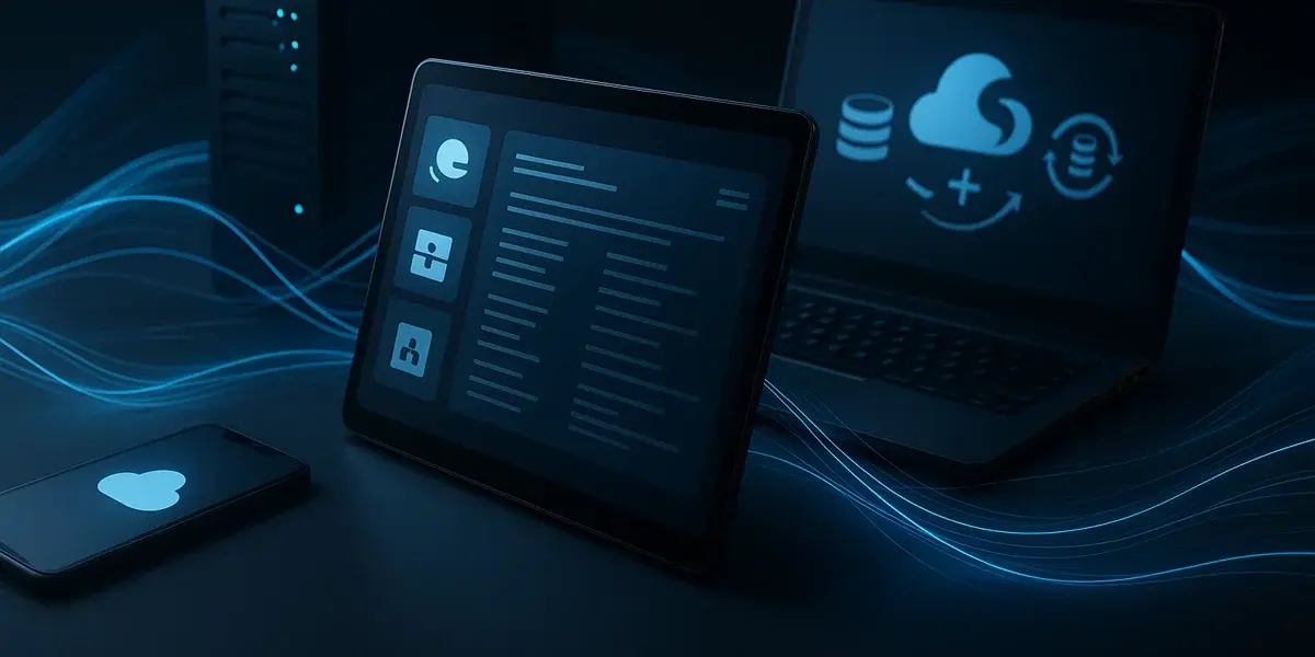 Digitale Darstellung von Cloud-Computing auf Laptop, Tablet und Smartphone mit blauen Lichteffekten und Datenserver im Hintergrund.