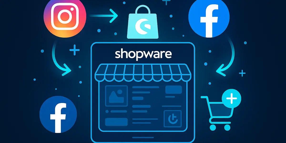 Illustration der Shopware-Plattform mit Integration von Facebook und Instagram, dargestellt durch Pfeile zwischen Logos und einem Onlineshop-Symbol.
