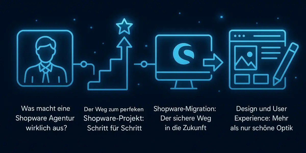 Neonblaue Illustration zu Shopware-Themen mit Symbolen für Agentur, Projektmanagement, Migration und Design-Optimierung. 