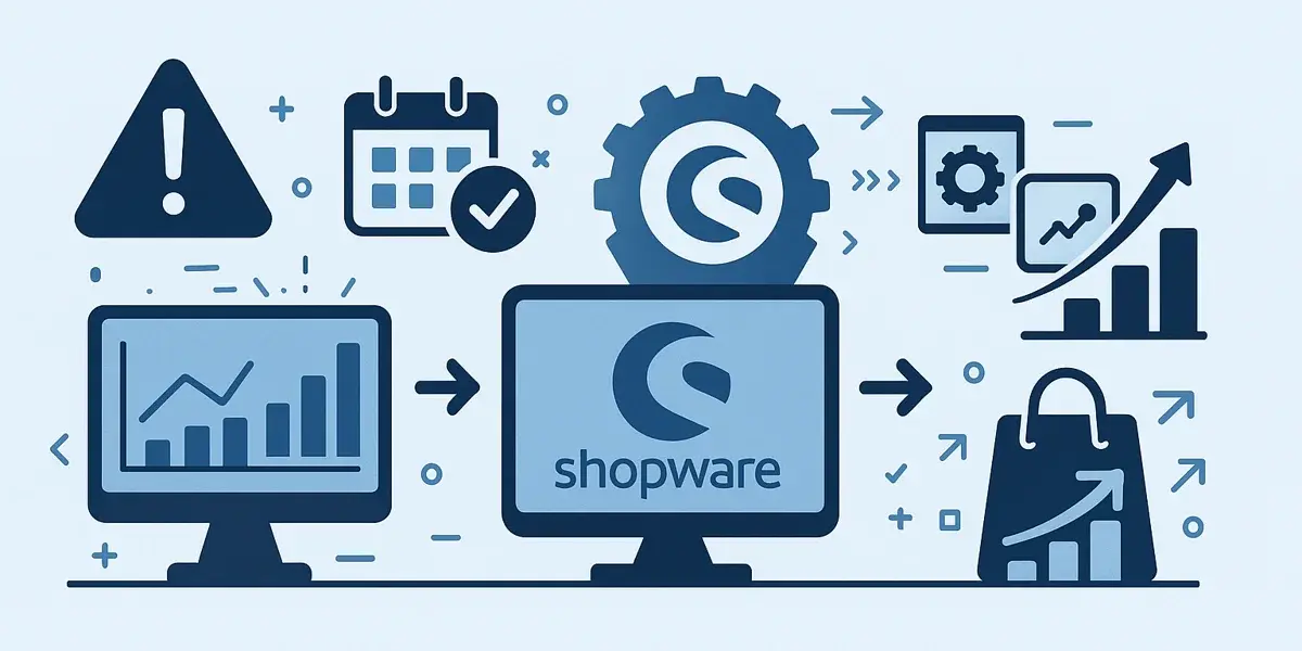Illustration des Shopware-Systems mit Symbolen für Wachstum, Datenanalyse, Kalender und E-Commerce-Prozesse.