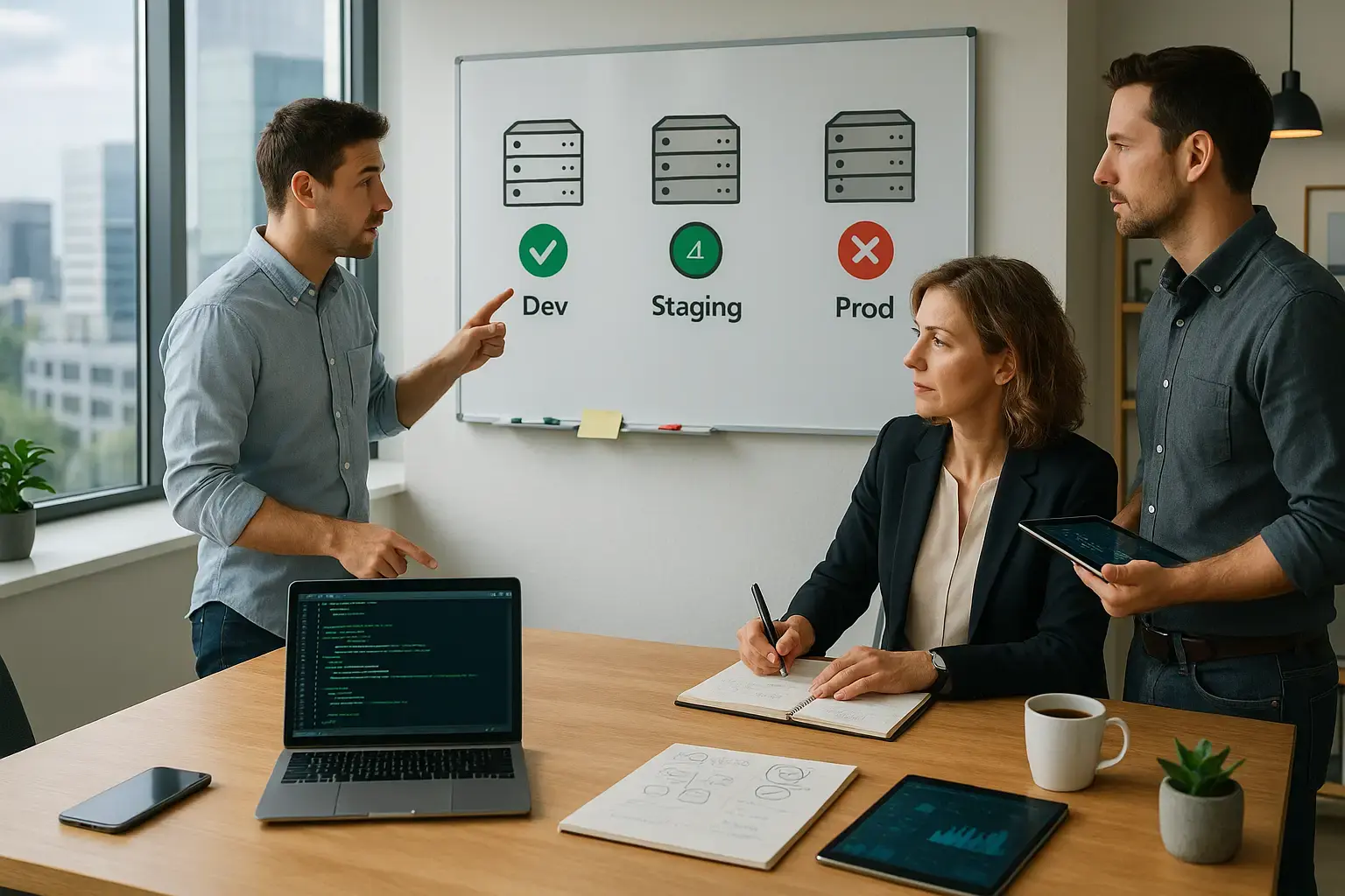 Team bespricht Deployment-Prozess mit Dev-, Staging- und Prod-Umgebung am Whiteboard; Laptop mit Code und Notizen auf dem Tisch