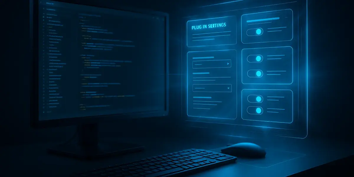 Dunkle Computerarbeitsplatzszene mit Monitor voller Code und einem schwebenden, blau leuchtenden futuristischen Interface für Plug-in-Einstellungen.