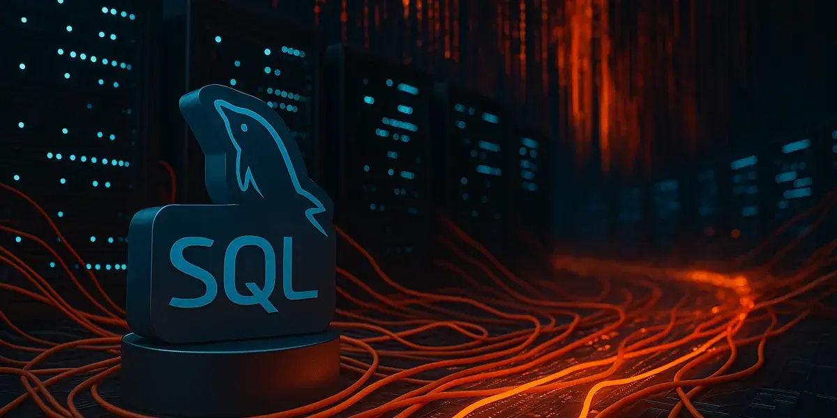 Futuristische Serverraum-Szene mit leuchtenden Datenkabeln und einem großen SQL-Symbol im Vordergrund.