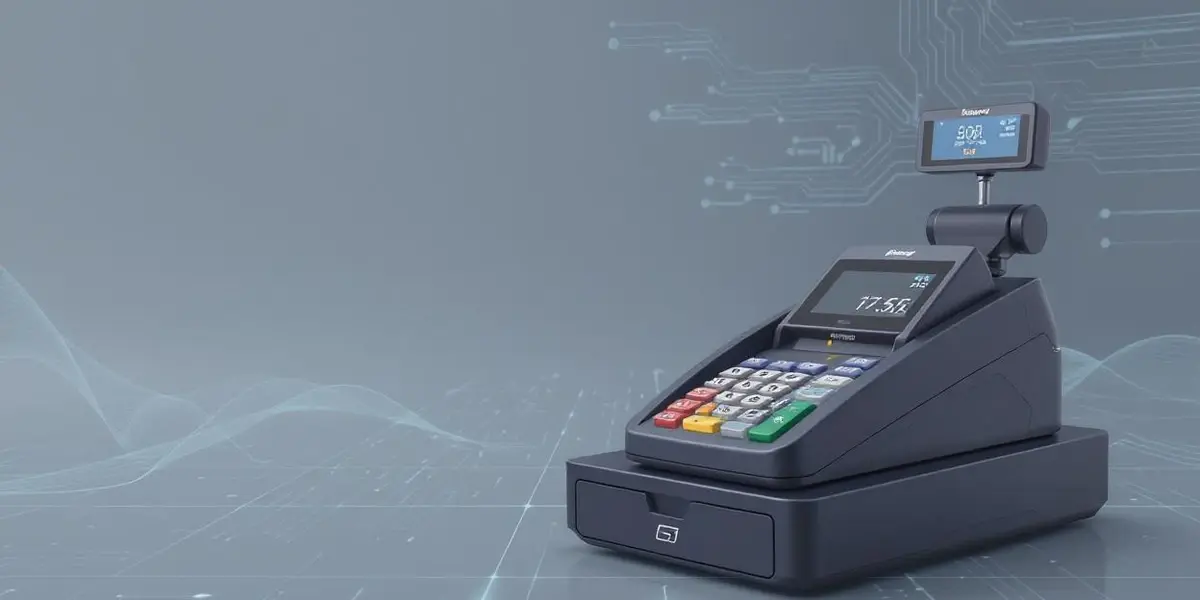 Elektronische Registrierkasse mit Tastenfeld und Kundendisplay vor digitalem Hintergrund – Darstellung moderner Kassen- und Zahlungstechnologie.
