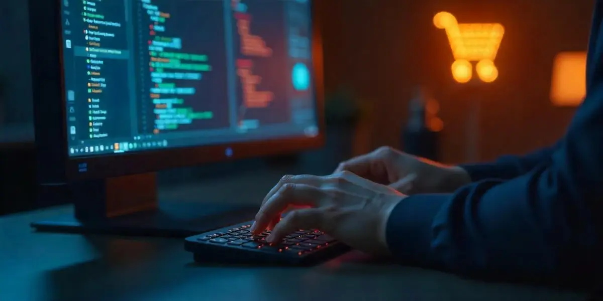 Person programmiert am Desktop-Computer in dunkler Umgebung, Code-Editor und Einkaufswagen-Symbol im Hintergrund sichtbar – Symbolbild für E-Commerce-Entwicklung.