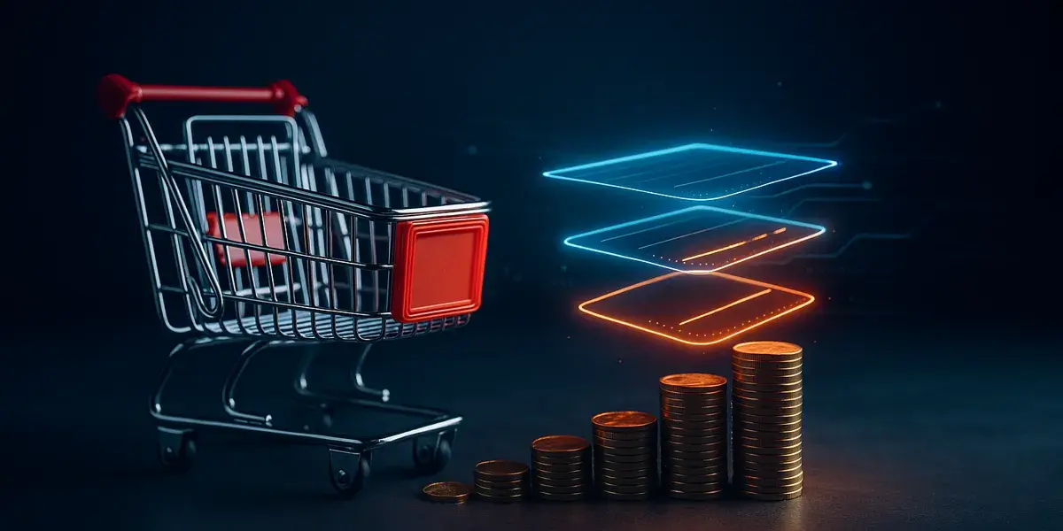 Einkaufswagen neben gestapelten Münzen, Symbol für Umsatzwachstum und digitale Handelsplattformen.