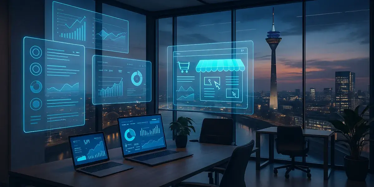 Geschäftsteam in Düsseldorf bespricht Strategien mit digitaler Standortkarte und Datenanalyse.