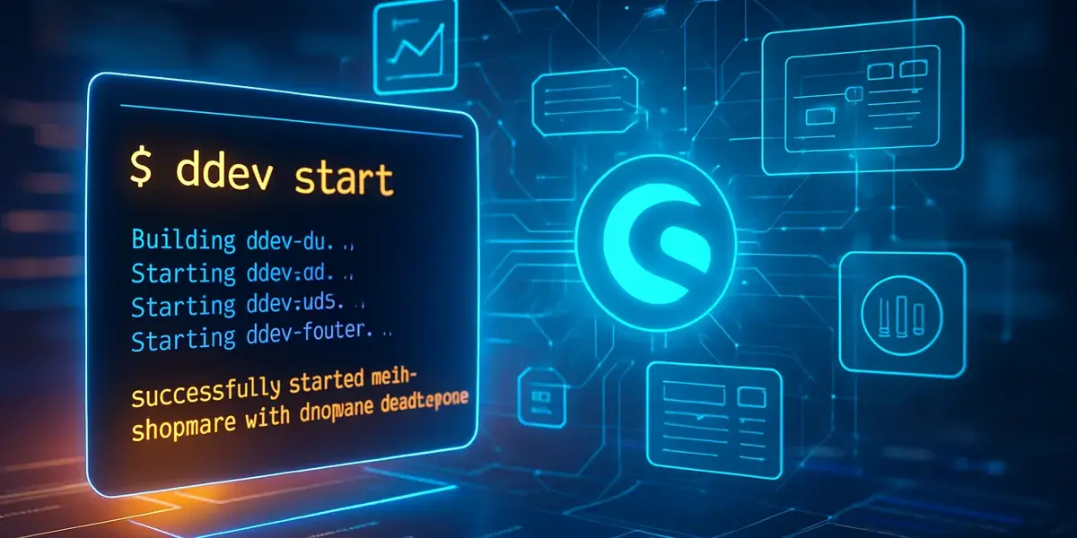 Kommandozeilenstart von DDEV mit Shopware-Logo und digitalen System-Icons im Hintergrund.