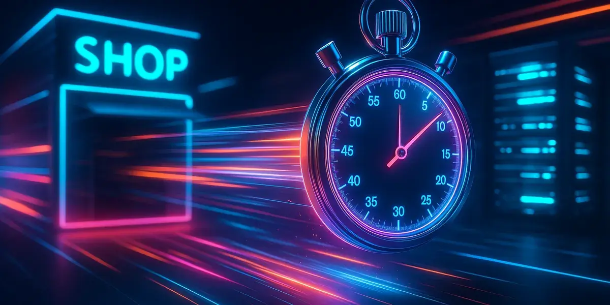 Stoppuhr vor einem digitalen Shop-Symbol als Darstellung für schnelle Ladezeiten im Onlinehandel.