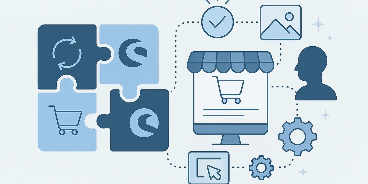 Grafische Darstellung der Integration von Shopware mit E-Commerce- und Systemmodulen als Puzzleteile.