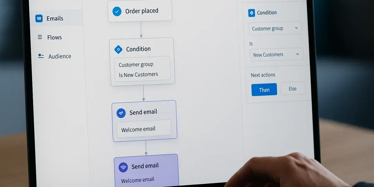 Laptopbildschirm mit automatisiertem E-Mail-Workflow für neue Kunden.