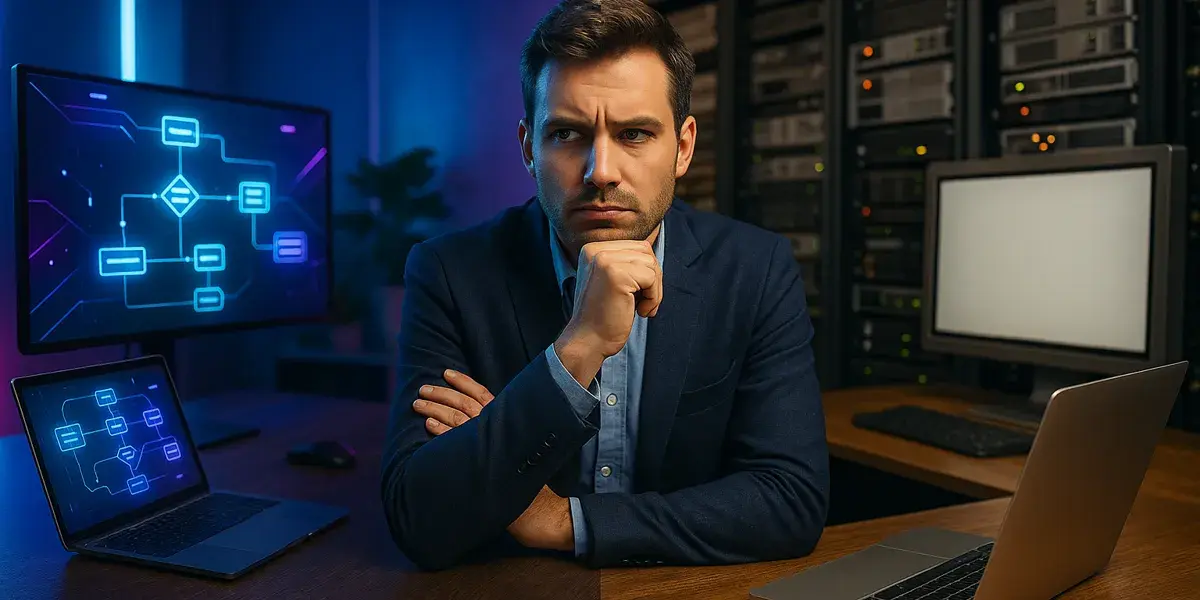 Geschäftsmann im Serverraum arbeitet mit Laptops und digitalen Diagrammen im Hintergrund.