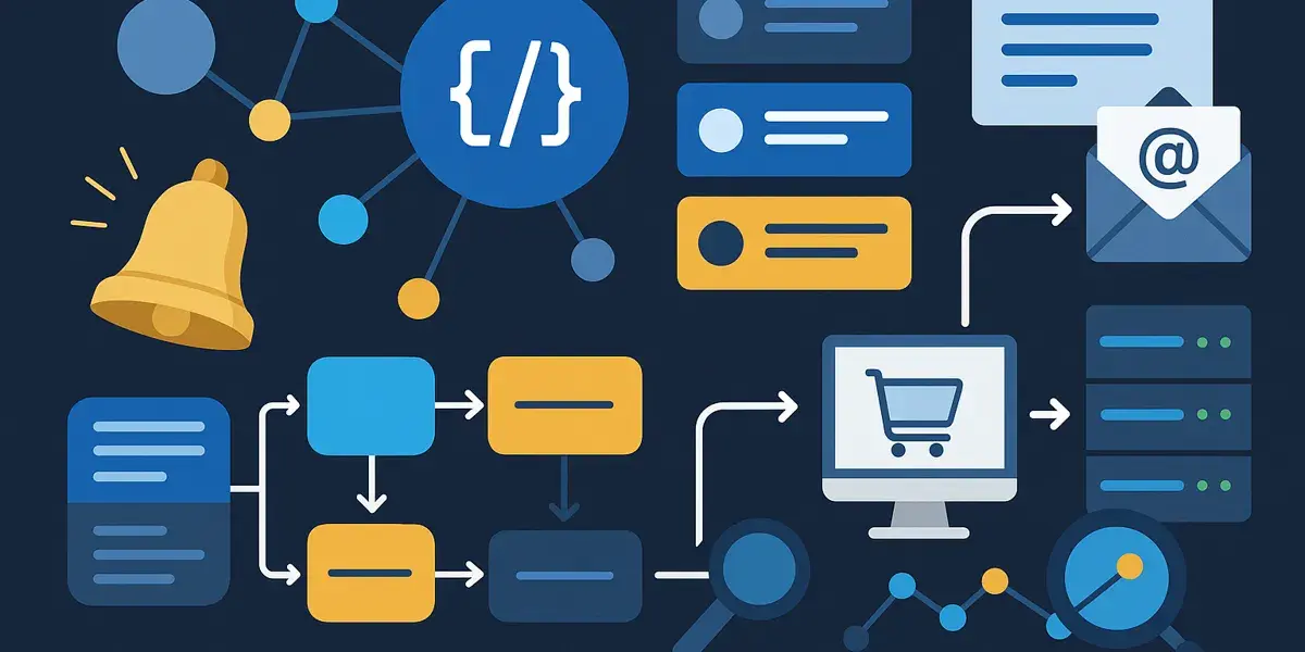 Illustration eines digitalen Workflows mit E-Commerce-, E-Mail- und API-Integration.