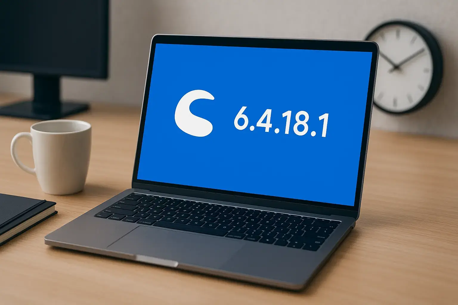 Ein Laptop zeigt die Benutzeroberfläche von Shopware mit der Versionsnummer 6.4.18.1 auf einem hellen Tisch.