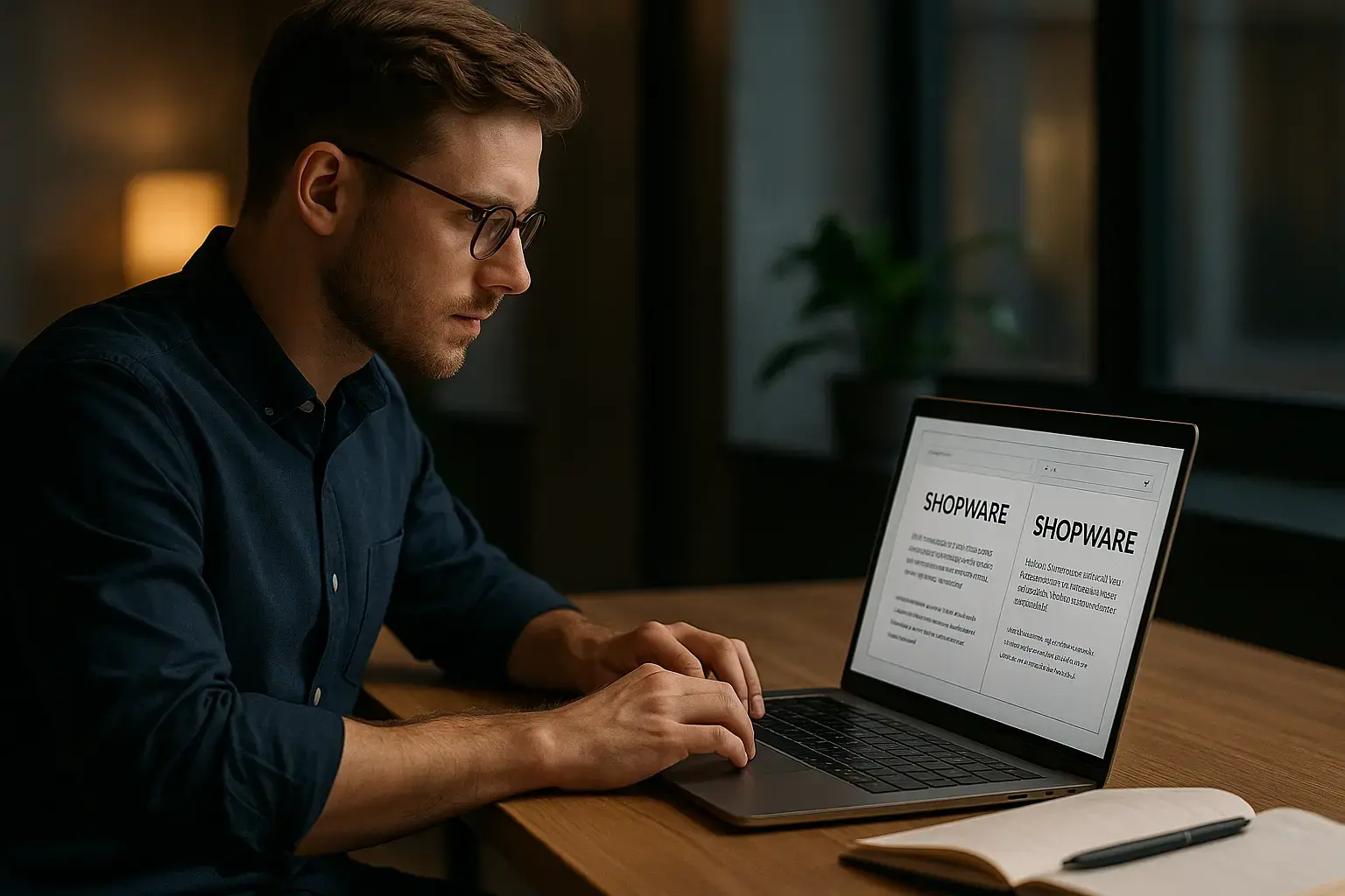 Mann arbeitet konzentriert am Laptop.