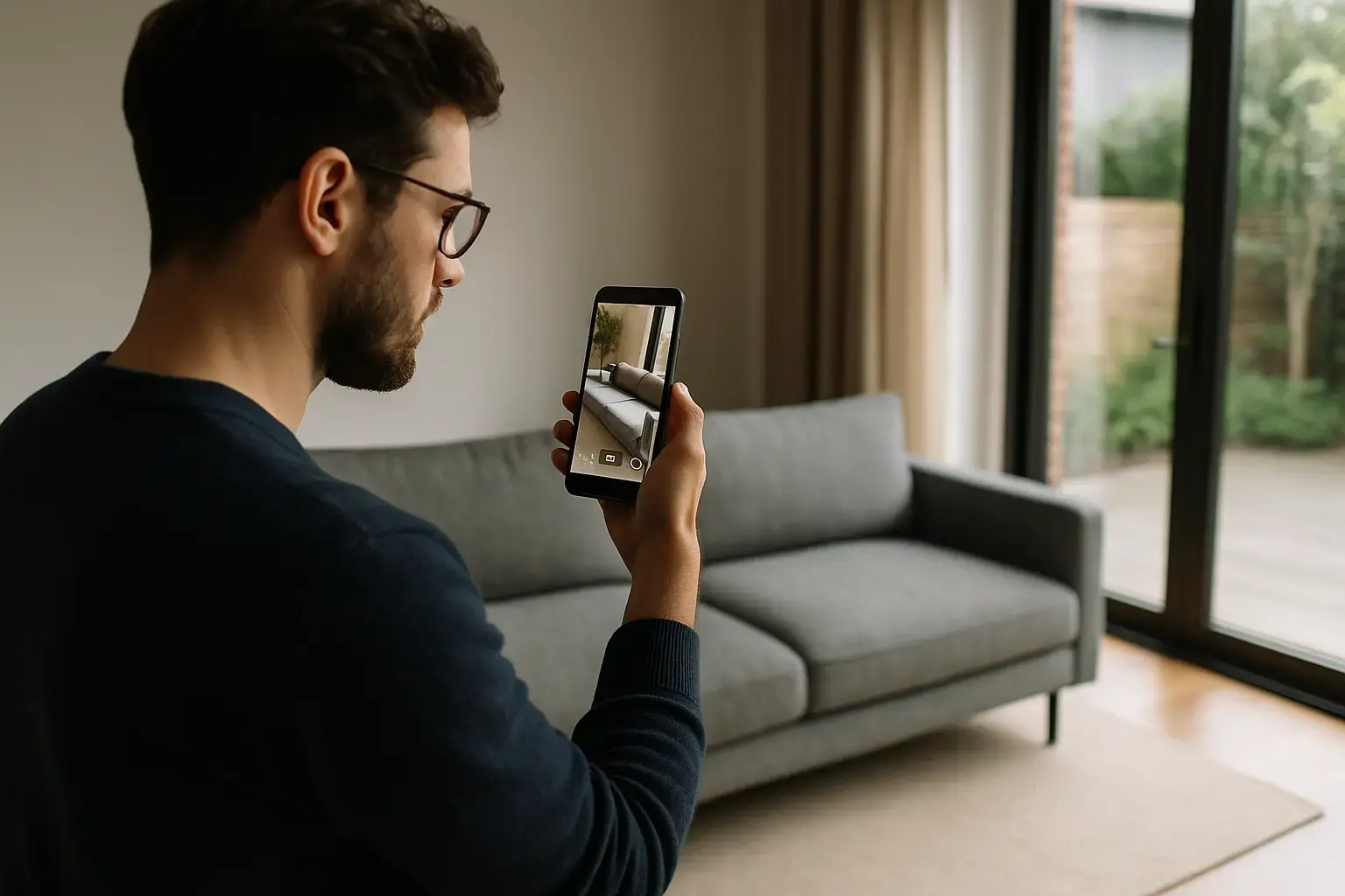 Mann macht ein Foto mit Smartphone in einem modernen Wohnzimmer.