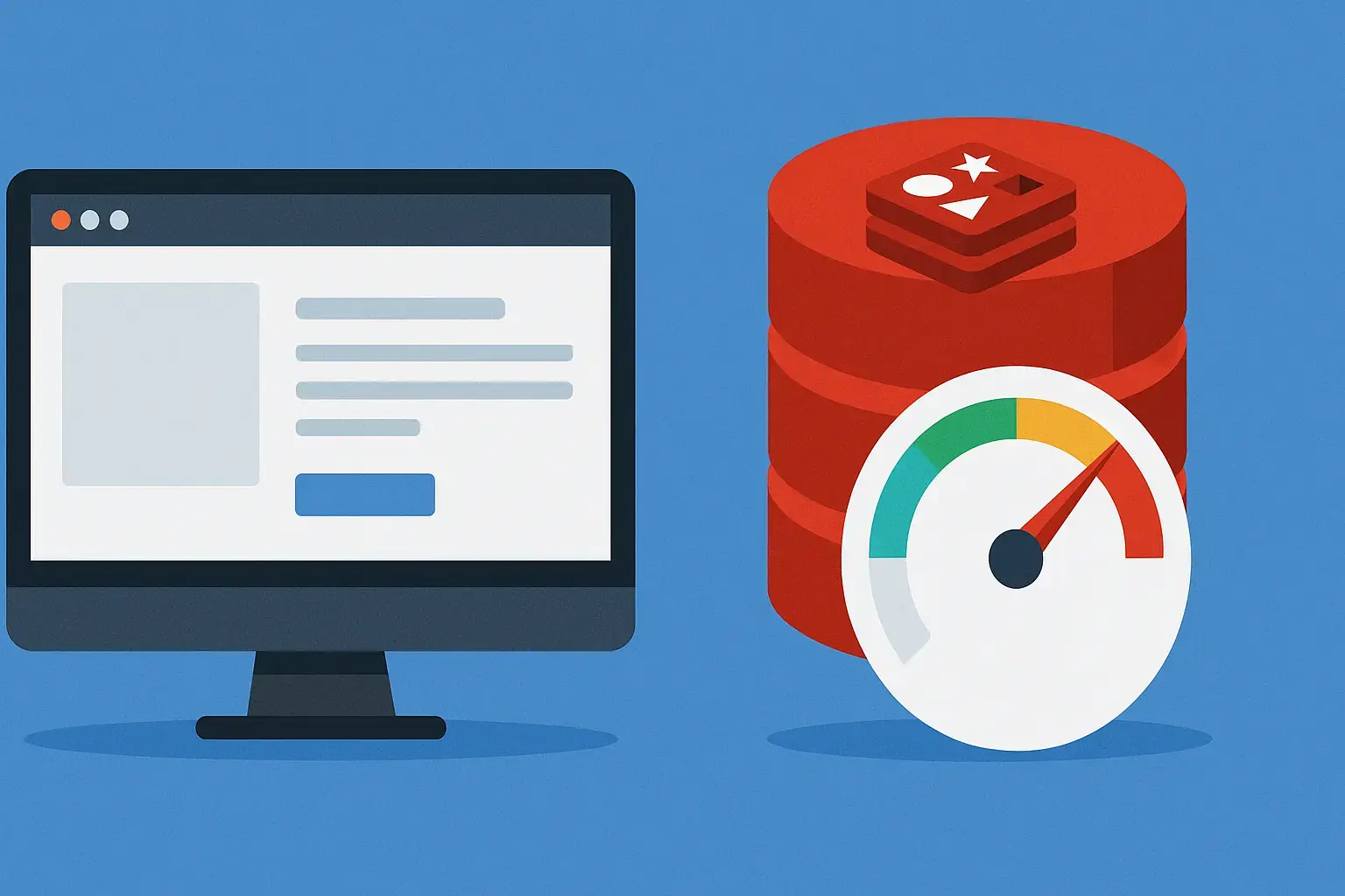 Illustration eines Computers mit einer Datenbank und einem Geschwindigkeitstacho, um die Leistungsfähigkeit von Redis für Shopware zu verdeutlichen.