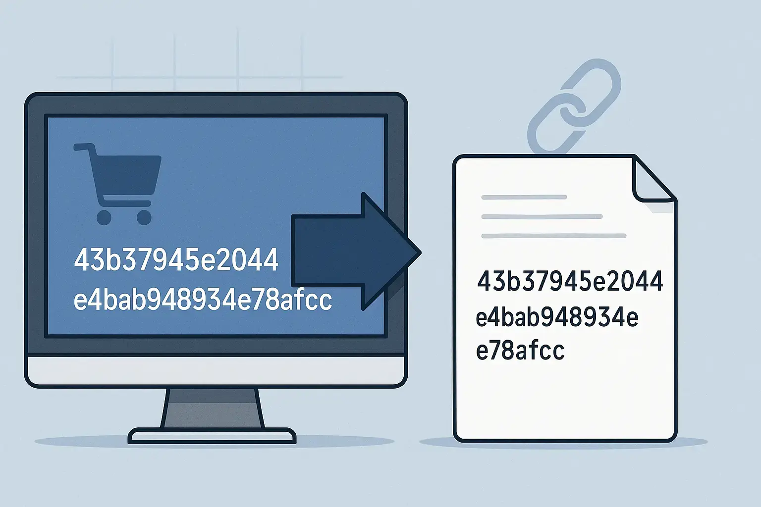 Grafik eines Computers mit einer Warenkorb-Illustration und einer UUID, die Daten in einem Shopware Kontext darstellt.