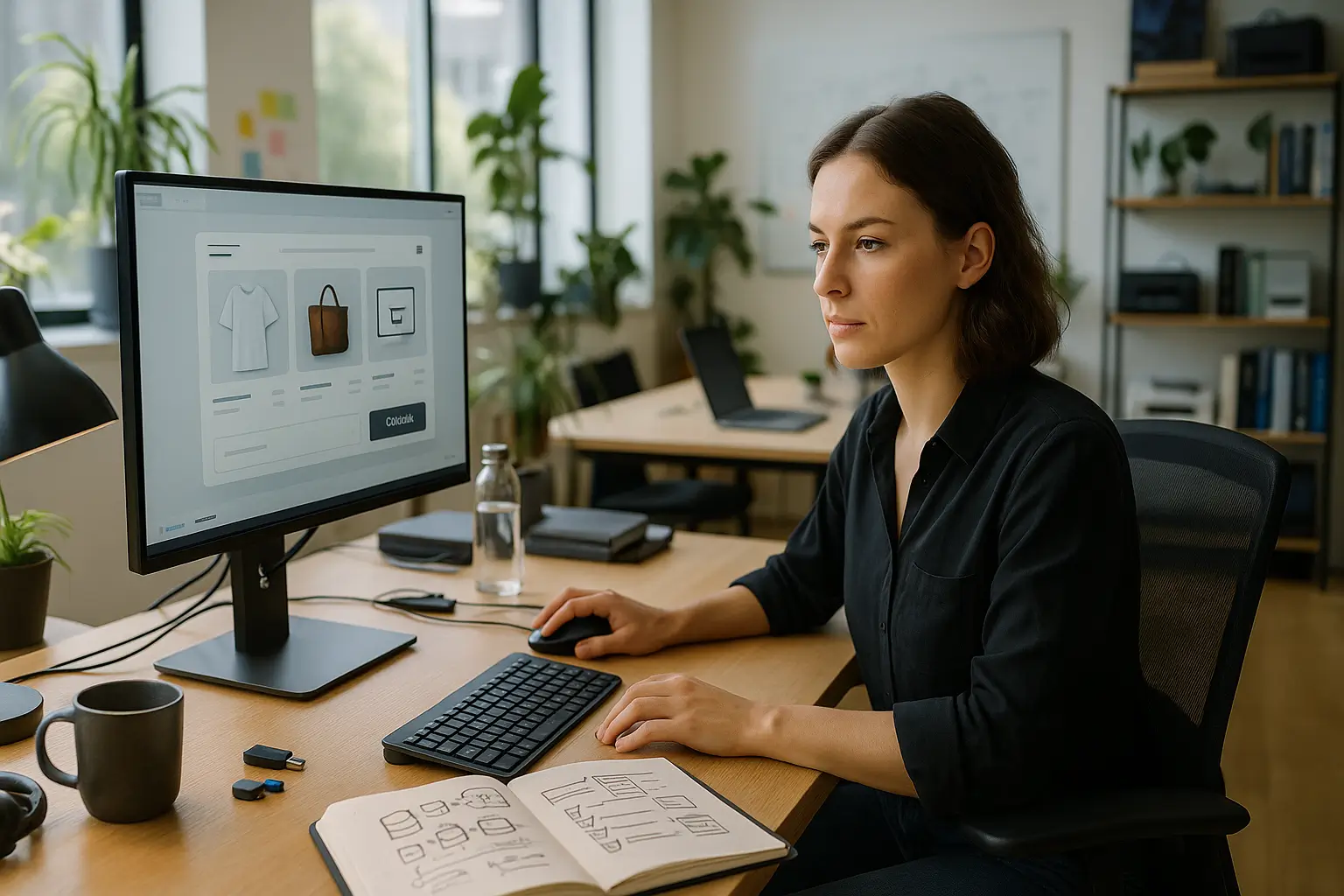 UX-Design am Arbeitsplatz: Wireframe eines Online-Shops am Monitor, Notizen und Skizzen zur Conversion-Optimierung auf dem Tisch